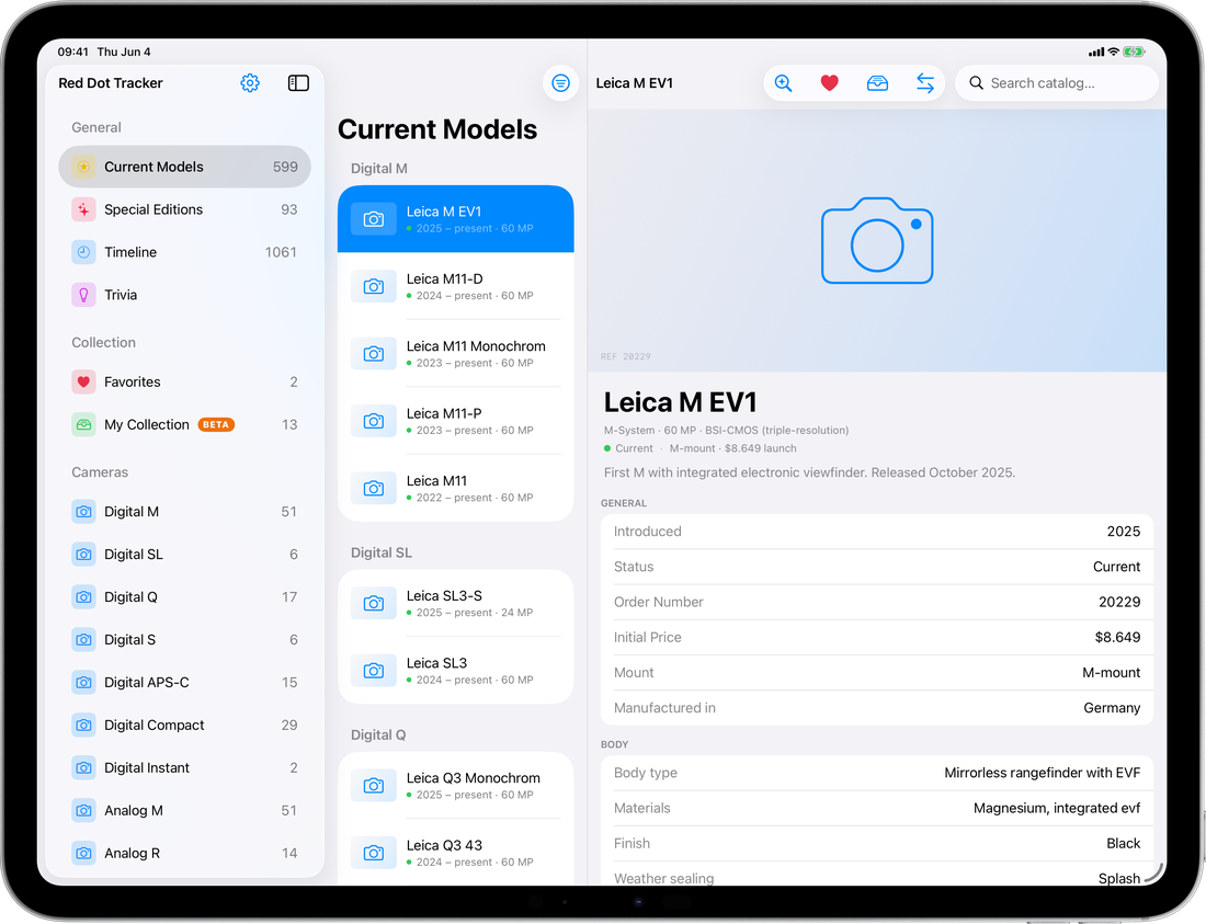 Three-column iPad layout showing categories, family list, and product detail