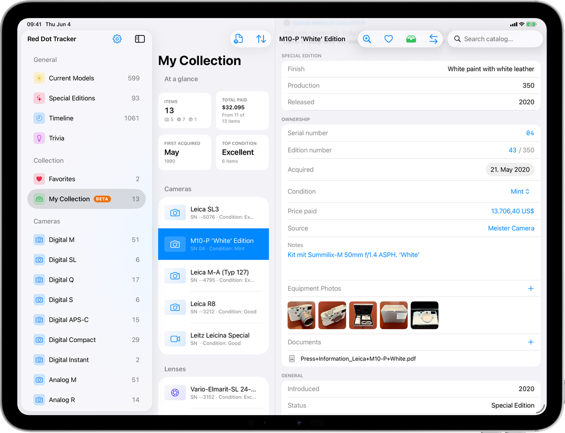 My Collection on iPad with serial, condition and source documentation