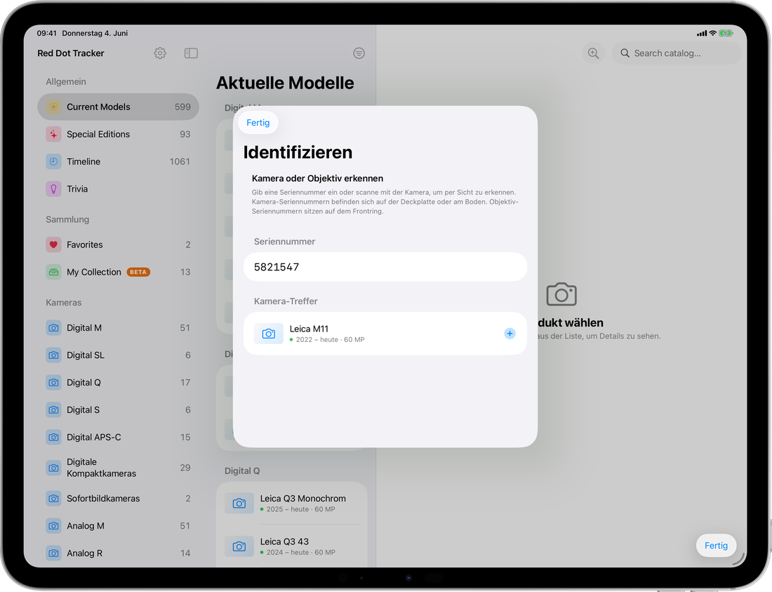 Identifizieren-Dialog auf dem iPad mit Seriennummer 5821547 zur Leica M11