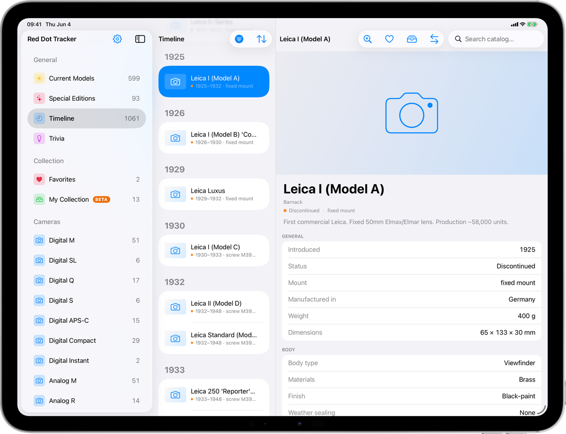 Timeline view on iPad showing Leica products in chronological order