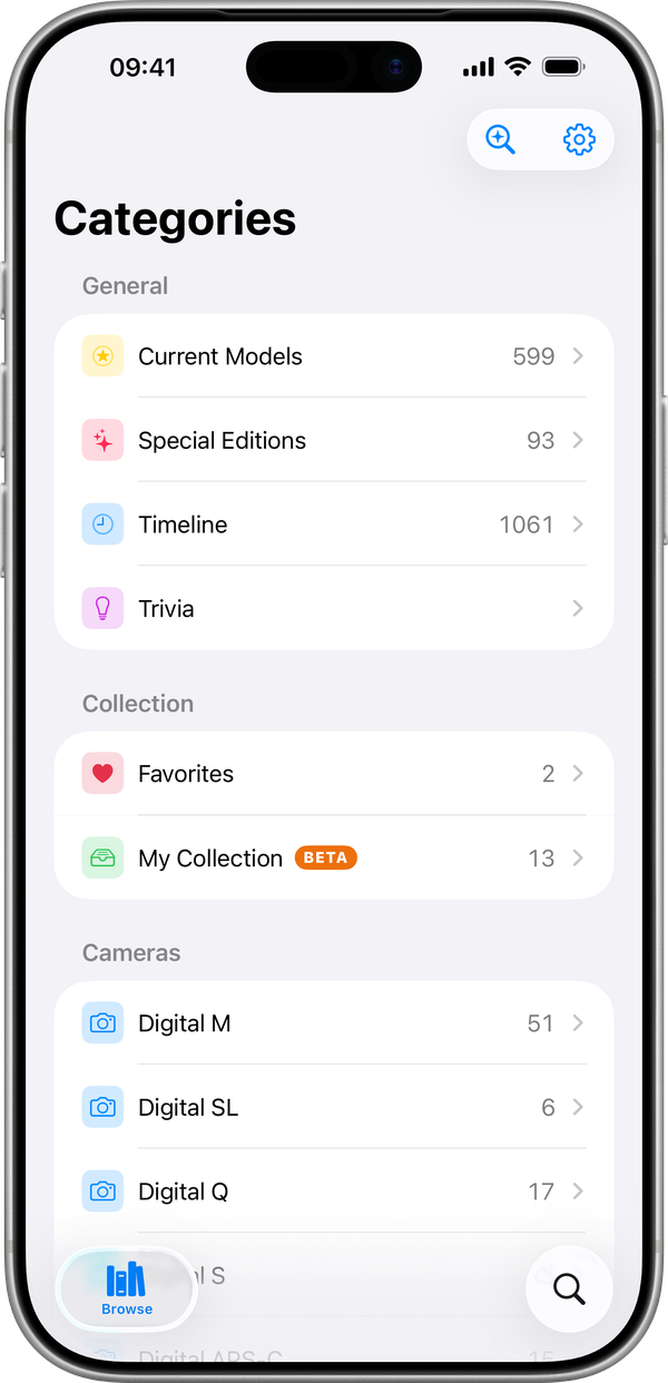 Red Dot Tracker on iPhone showing the catalogue overview